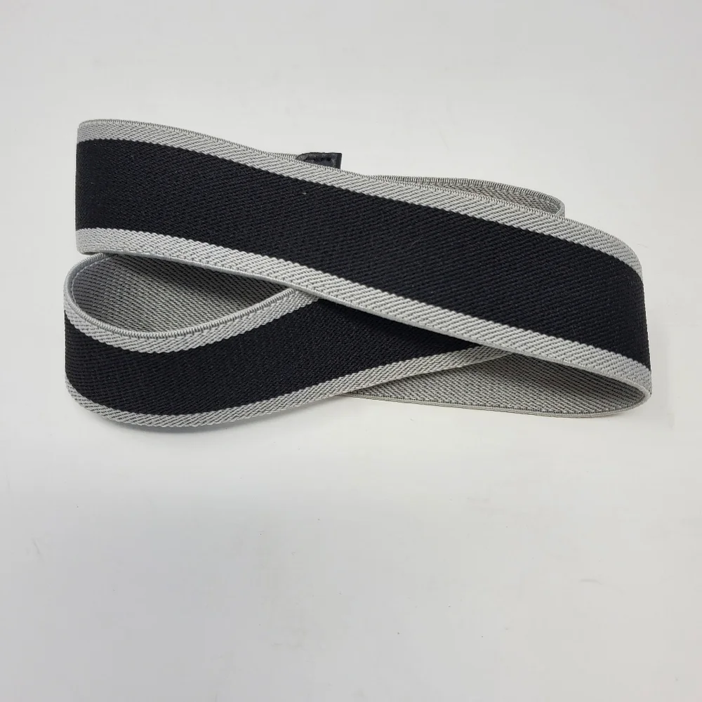 LOFT BLACK GREY STRIPE STRETCH BELT BLACK LEATHER FOLD OVER BUCKLE WOMEN OS